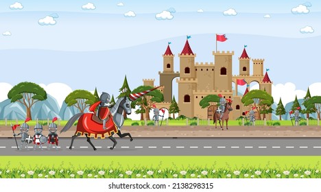 Medieval town scene in cartoon style illustration