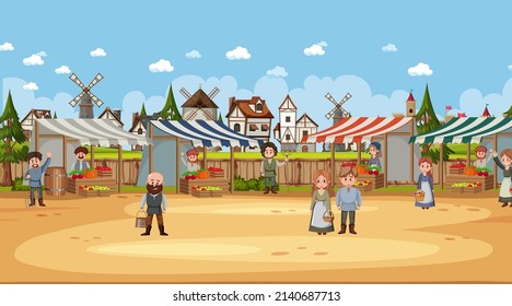 Medieval town scene in cartoon style illustration