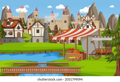 Medieval town scene with castle background illustration