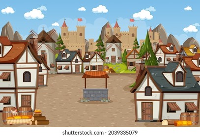 Medieval town scene with castle background illustration