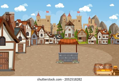 Medieval town scene with castle background illustration