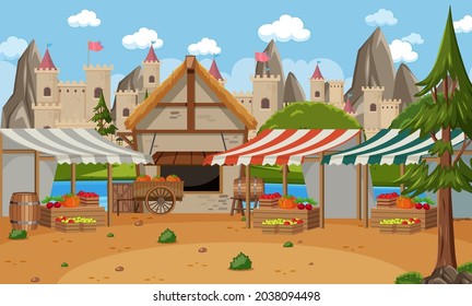 Medieval town scene with market place illustration