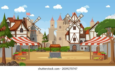 Medieval town scene with market place illustration