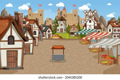 Medieval town scene with market place illustration