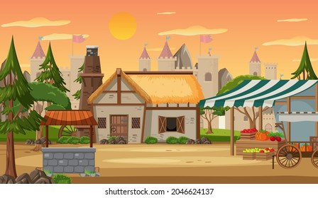 Medieval town scene with market place illustration