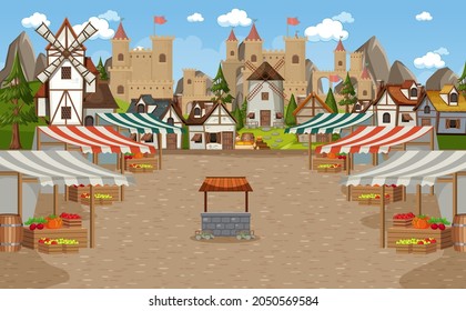 Medieval town scene with market place illustration