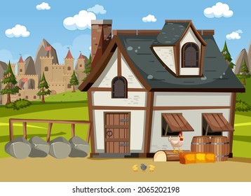 Medieval town scene with old barn illustration