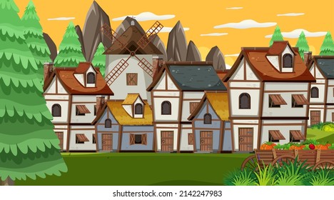 Medieval town scene with sunset illustration