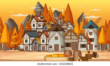 Medieval Town Scene With Sunset Illustration