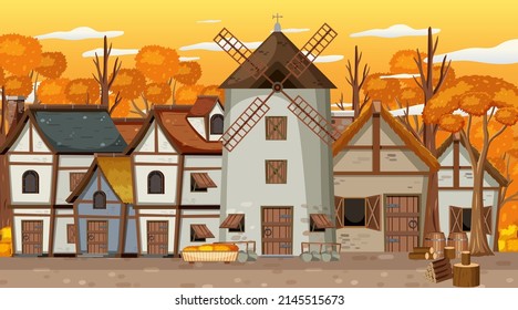 Medieval Town Scene With Sunset Illustration