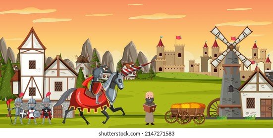 Medieval town scene with villagers and castle illustration