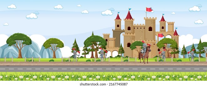 Medieval town scene with villagers and castle illustration