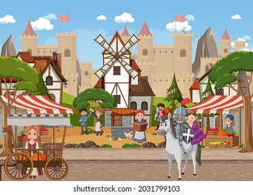 Medieval town scene with villagers illustration