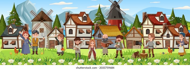 Medieval town scene with villagers illustration