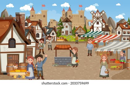 Medieval town scene with villagers illustration