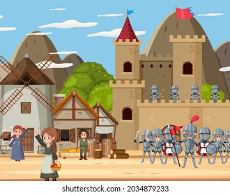 Medieval town scene with villagers illustration