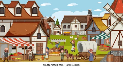 Medieval town scene with villagers illustration