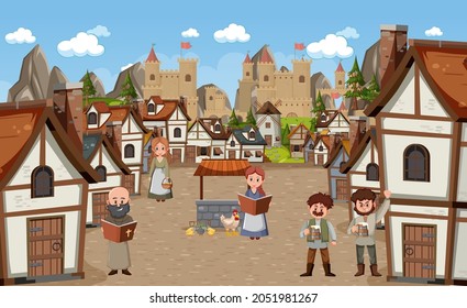 Medieval town scene with villagers illustration