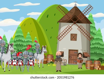 Medieval town scene with villagers illustration