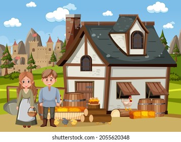 Medieval town scene with villagers illustration