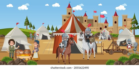 Medieval town scene with villagers illustration