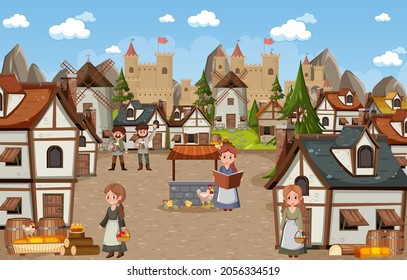 Medieval town scene with villagers illustration