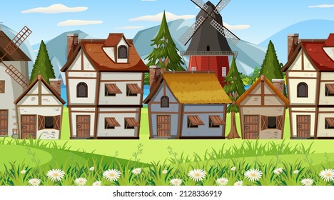 Medieval town scene with villagers illustration