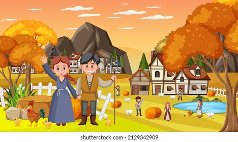 Medieval town scene with villagers illustration