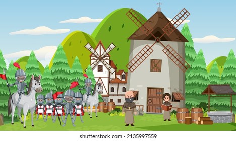 Medieval town scene with villagers illustration