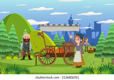 Medieval town scene with villagers illustration
