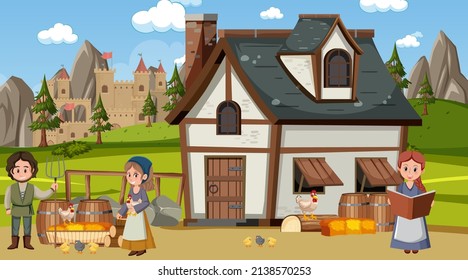 Medieval town scene with villagers illustration