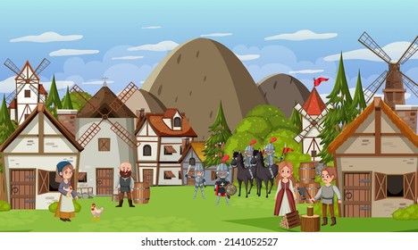 Medieval town scene with villagers illustration