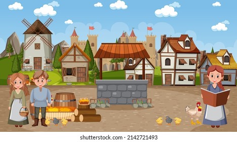 Medieval town scene with villagers illustration