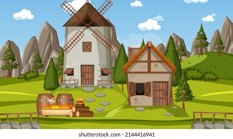 Medieval town scene with villagers illustration