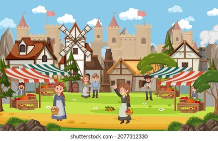 Medieval town scene with villagers at the market illustration