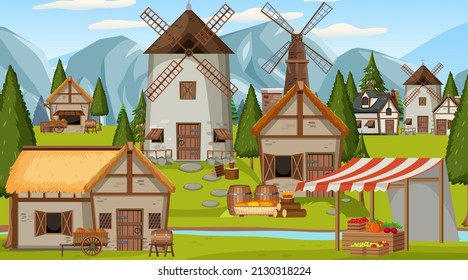 Medieval town scene with villagers and market illustration