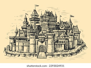 Medieval town. Stone castle with towers. Cityscape in vintage engraving style. Sketch vector illustration