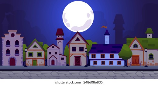 Medieval town street in night full moon light vector flat illustration. Cartoon old European ancient cityscape, paving stone road and pavement, vintage stone mansions, houses and clock tower