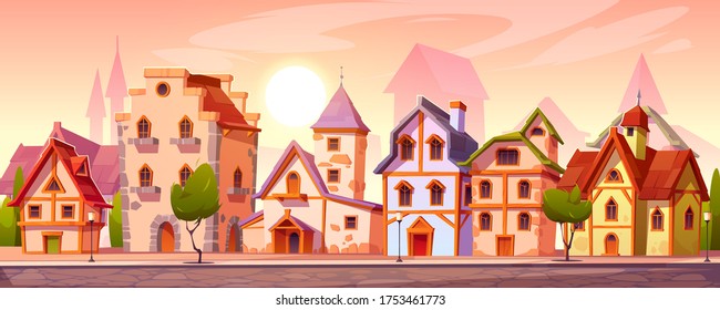 Medieval town street with old european buildings. Vector cartoon cityscape with vintage facade of houses with brick wall and wooden doors, trees, stone road and pavement