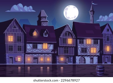 Medieval town street on moonlight ,row houses , vector illustration