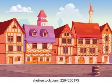 Medieval town street , row houses , vector illustration