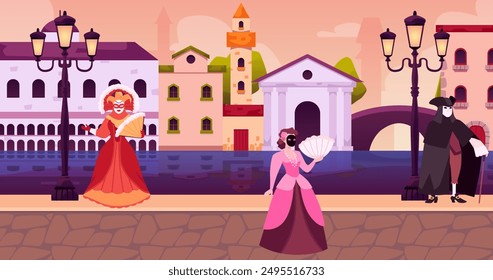 Medieval town street with Venice carnival characters. Cartoon people in masquerade costume, women in medieval dress and mask, hand fan. Traditional Venetian festival vector flat illustration