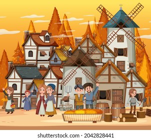 Medieval town at sunset time scene with villagers illustration