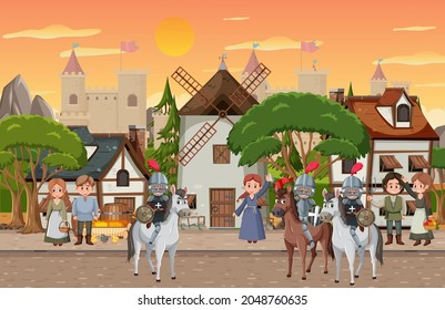 Medieval town at sunset time scene with villagers illustration