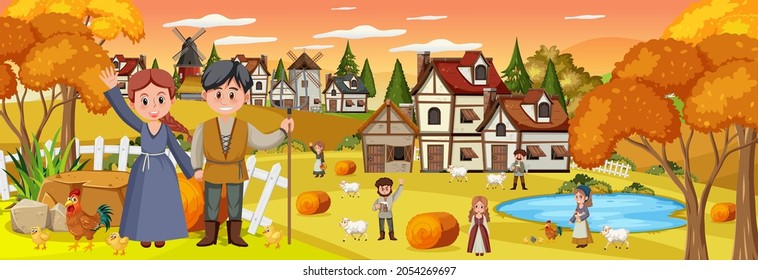 Medieval town at sunset time scene with villagers illustration