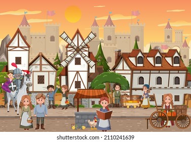 Medieval town at sunset time scene with villagers illustration