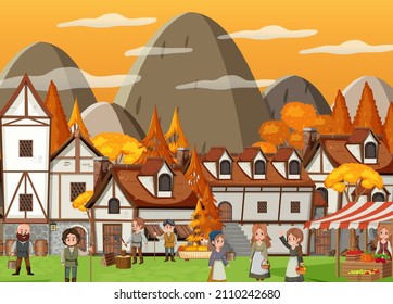 Medieval town at sunset time scene with villagers illustration