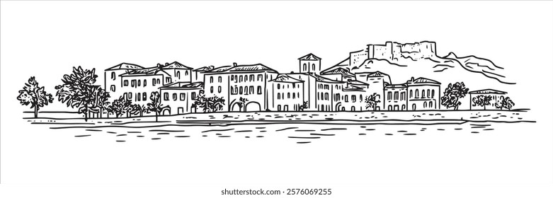 medieval townscape with castle and river hand-drawn illustration