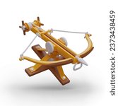 Medieval toy crossbow in 3d realistic style on white background. Weapons shoot sharp arrows. Steel arms concept. Vector illustration with white background