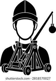 Medieval trebuchet siege engine icon with soldier avatar silhouette.